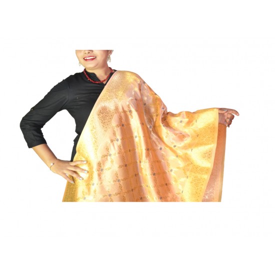 Buy silk dupatta in peach color & golden work. Buy silk dupatta in peach color & golden work.