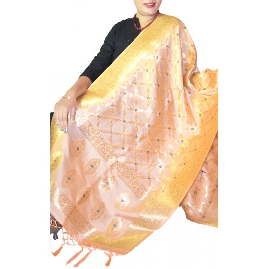 Buy silk dupatta in peach color & golden work. Buy silk dupatta in peach color & golden work.