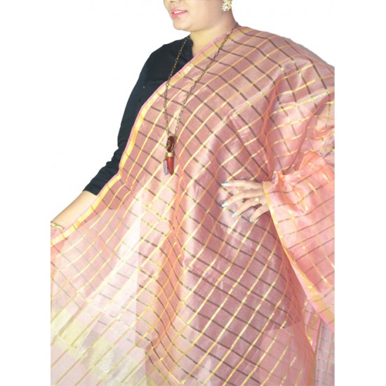 Buy Peach & Gold checker print statement duppata. Buy Peach & Gold checker print statement duppata.