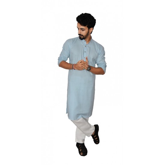 Buy light blue muslin khadi long kurta with full sleeves for men.