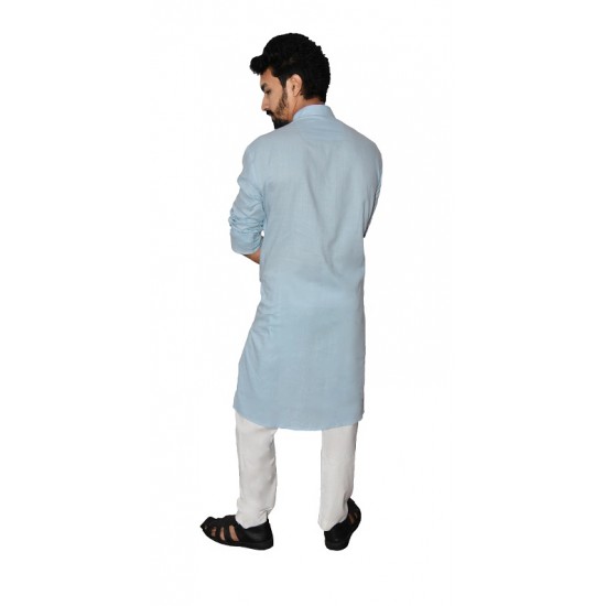 Buy light blue muslin khadi long kurta with full sleeves for men.