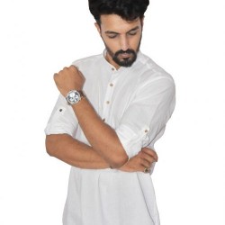 Buy Ecotattva plain white khadi short kurta for men.